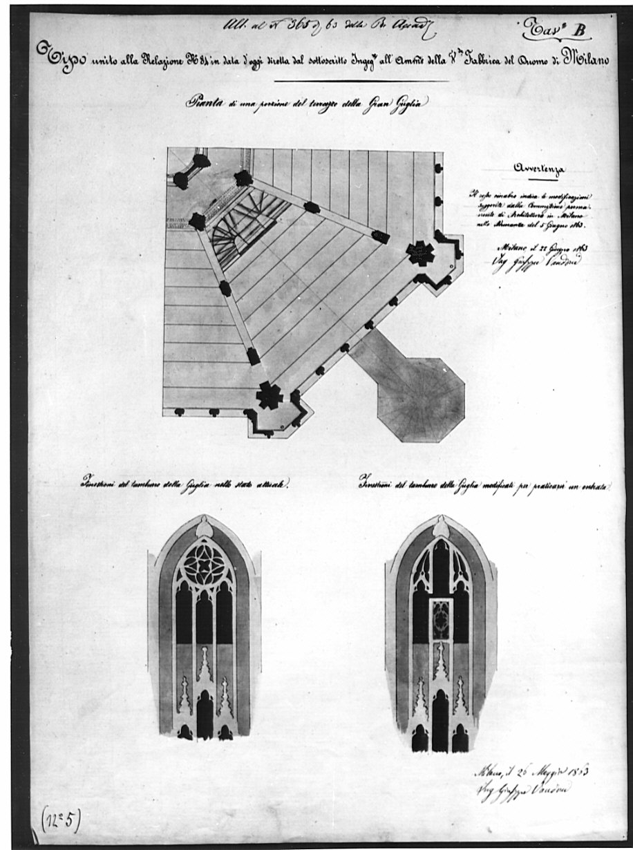 pianta e alzati, architettura: progetto di restauro del Duomo di Milano (disegno, opera isolata) di Vandoni Giuseppe (sec. XIX)