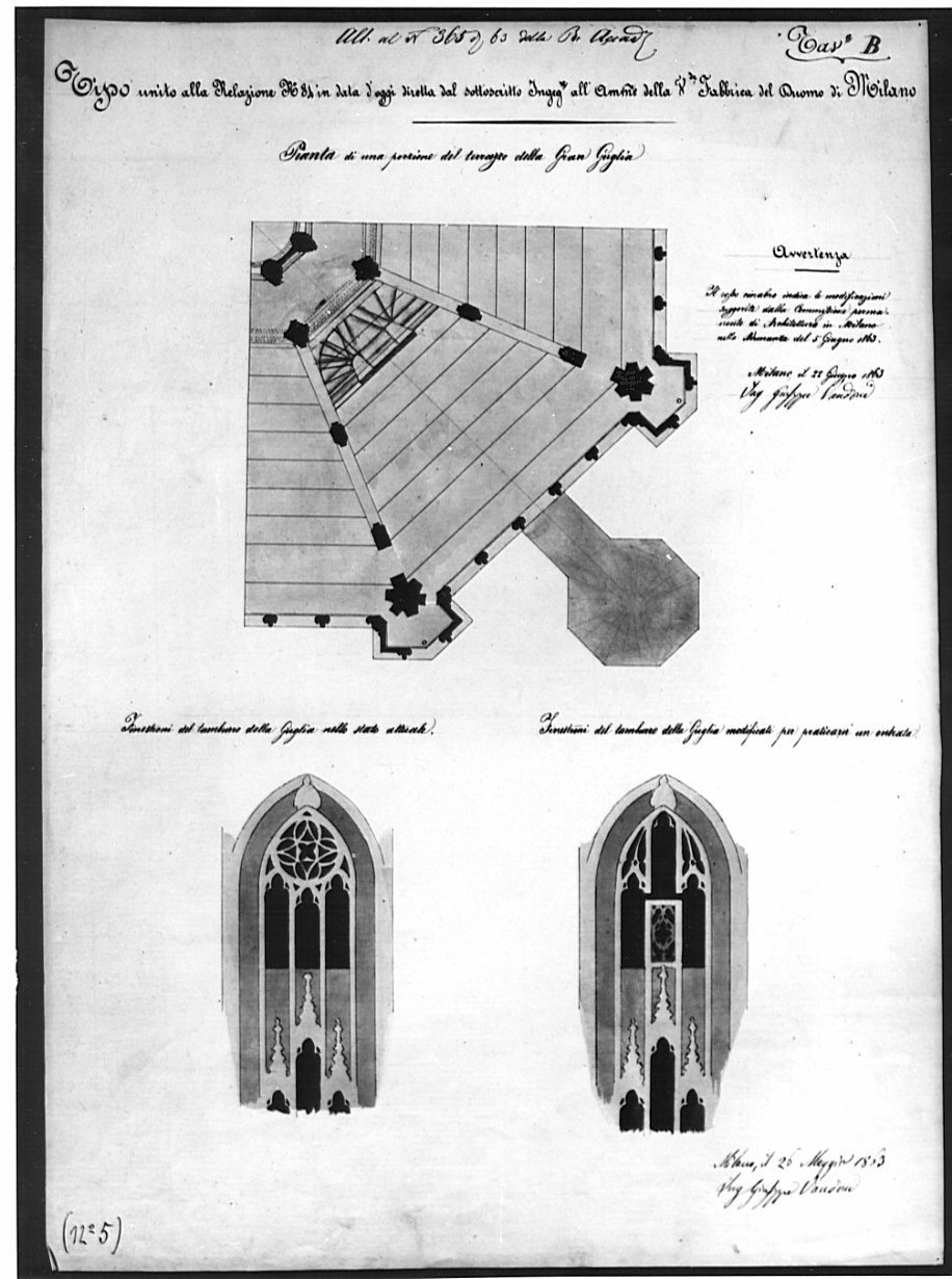 pianta e alzati, architettura: progetto di restauro del Duomo di Milano (disegno, opera isolata) di Vandoni Giuseppe (sec. XIX)