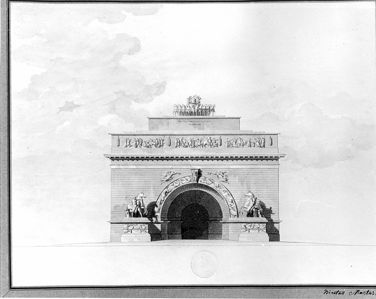 prospetto di ingresso monumentale, architettura: progetto per edificio militare (disegno, opera isolata) di Martos Nicetas (sec. XIX)