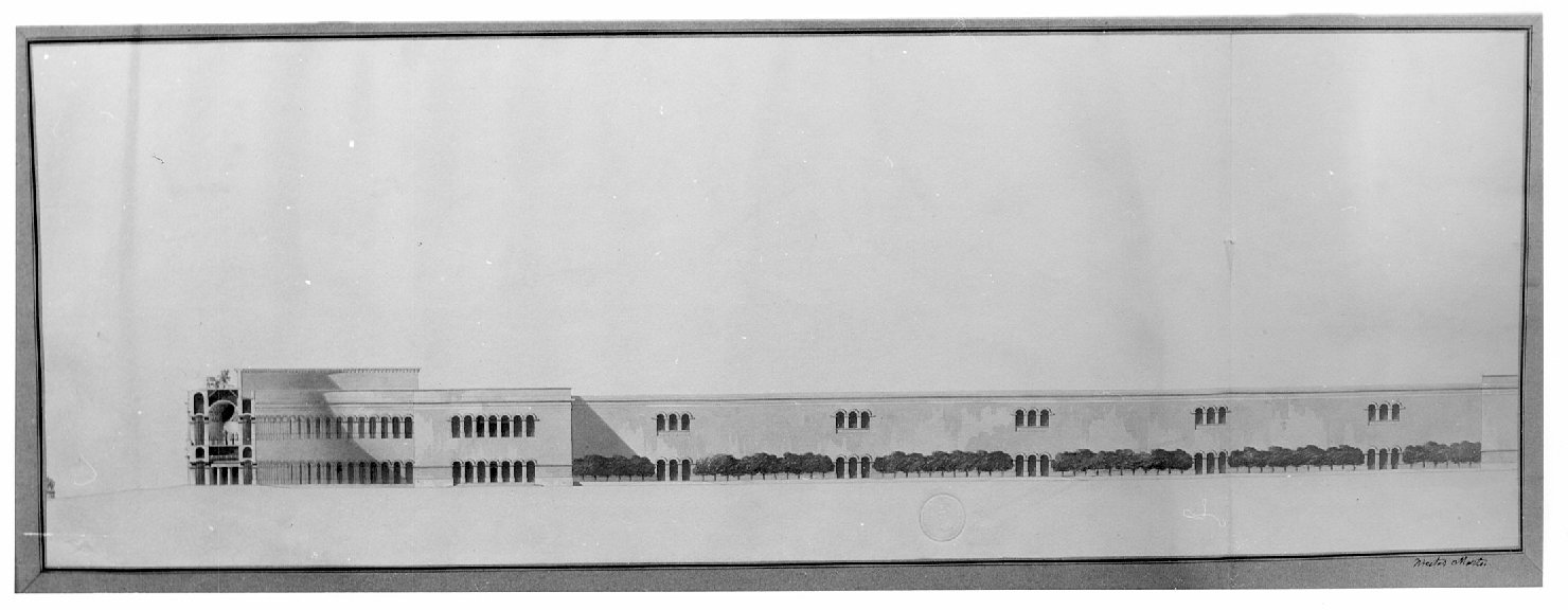 sezione longitudinale della corte interna, architettura: progetto per edificio militare (disegno, opera isolata) di Martos Nicetas (sec. XIX)