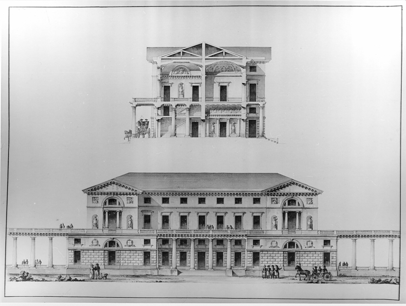 prospetto e sezione, architettura: progetto per palazzo di un ricco signore (disegno, opera isolata) di Quarenghi Giacomo (sec. XIX)