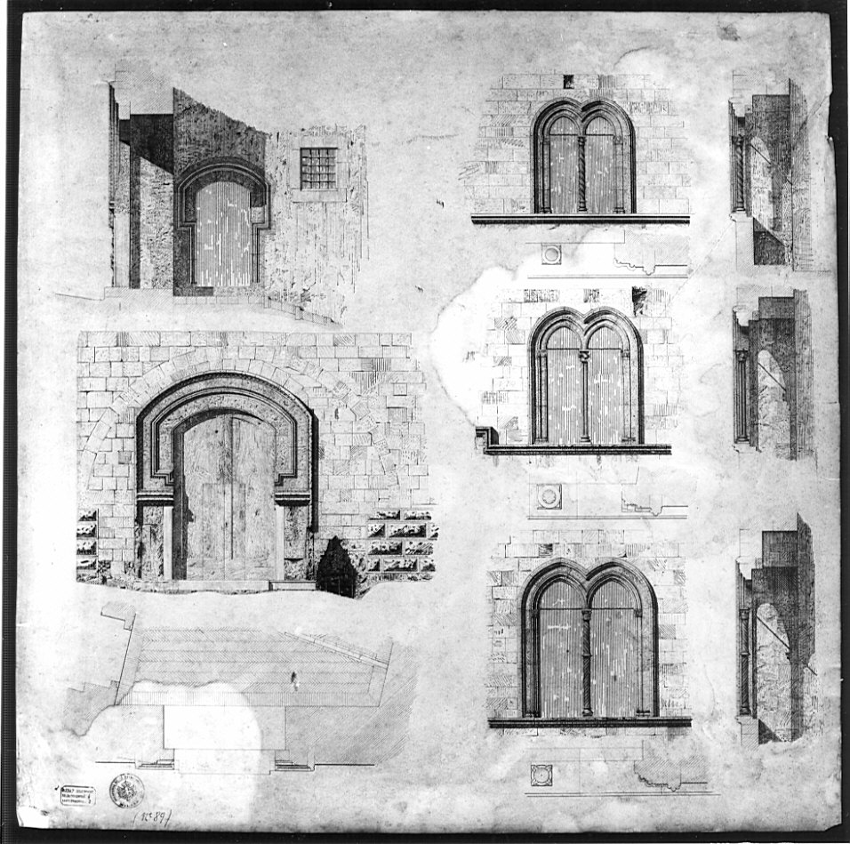 piante, prospetti, sezioni: particolari di finestre e porte, architettura: rilievo di Palazzo Vitelleschi (disegno, opera isolata) di Boffi Luigi (sec. XIX)