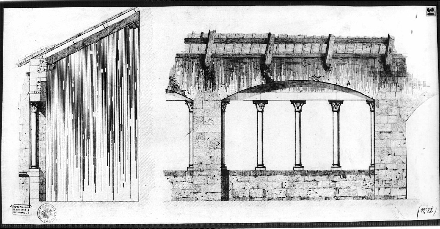 prospetto e sezione di camminamento, architettura: rilievo di Palazzo Vitelleschi (disegno, opera isolata) di Boffi Luigi (sec. XIX)