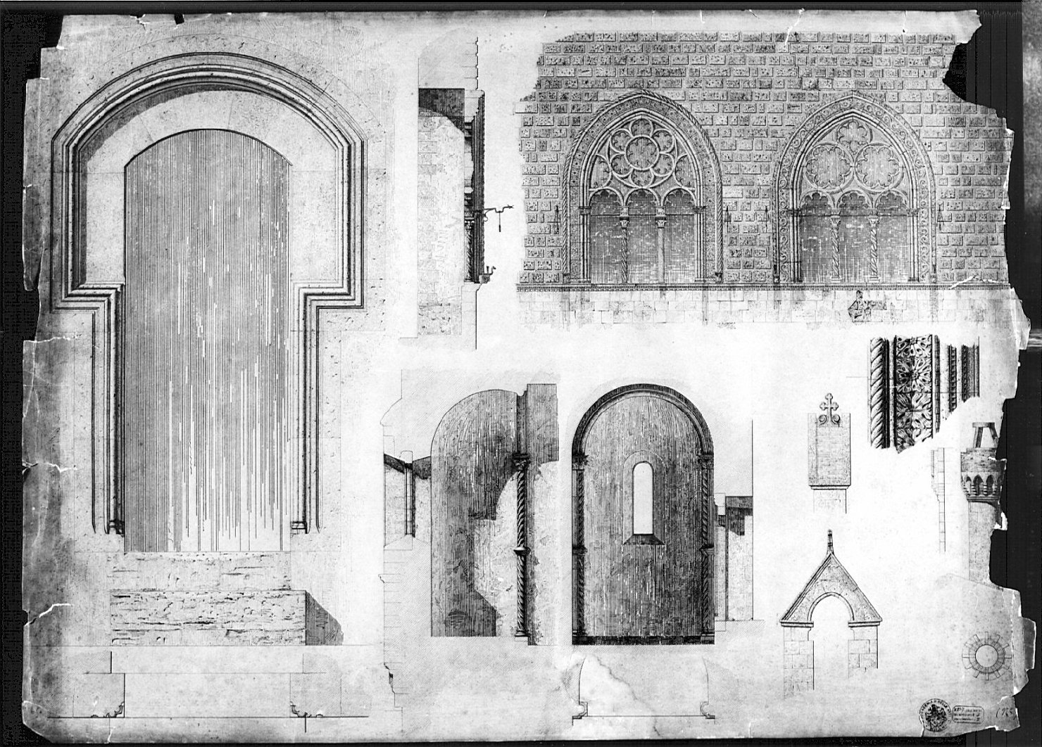 dettagli di piante, prospetti e sezioni di finestre, cornici e porte, architettura: rilievo di Palazzo Vitelleschi (disegno, opera isolata) di Boffi Luigi (sec. XIX)