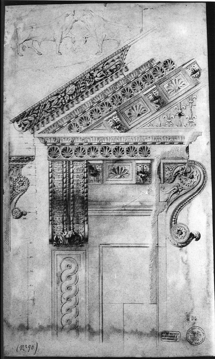 particolare di fianco, prospetto e sezione di porta con frontone, architettura: rilievo di Palazzo Vitelleschi (disegno, opera isolata) di Boffi Luigi (sec. XIX)