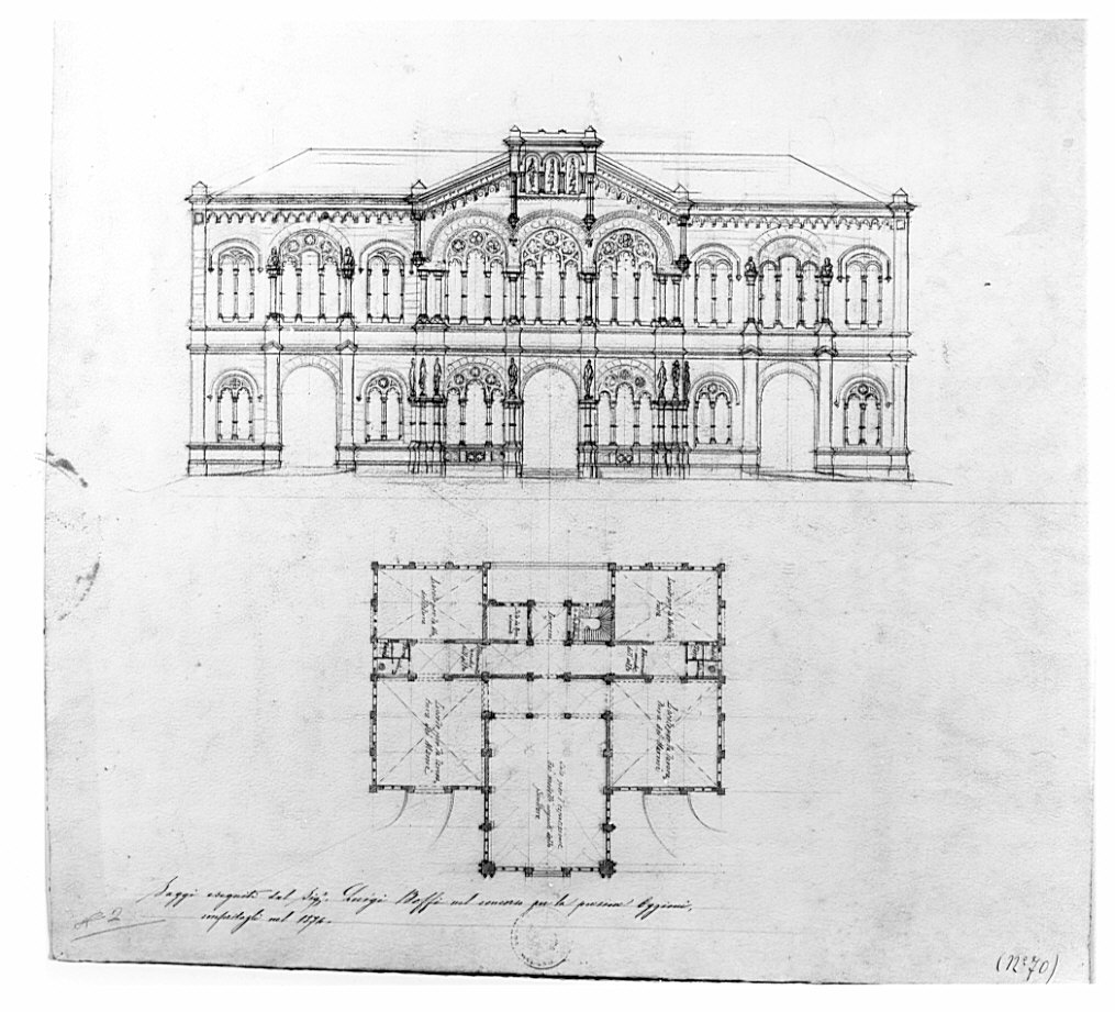 pianta e prospetto, architettura: progetto per palazzo (disegno, opera isolata) di Boffi Luigi (sec. XIX)