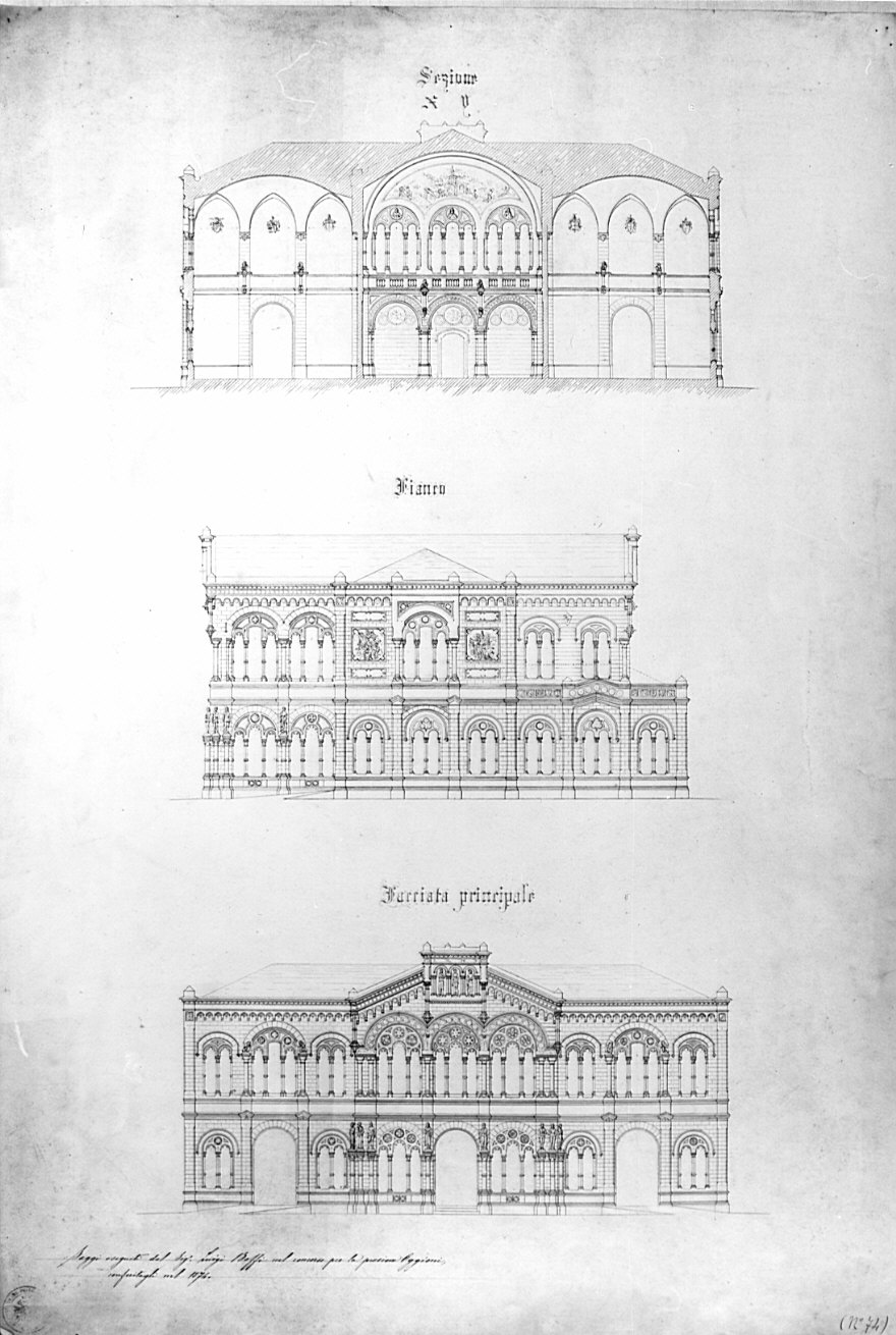 due prospetti e una sezione, architettura: progetto per palazzo (disegno, opera isolata) di Boffi Luigi (sec. XIX)