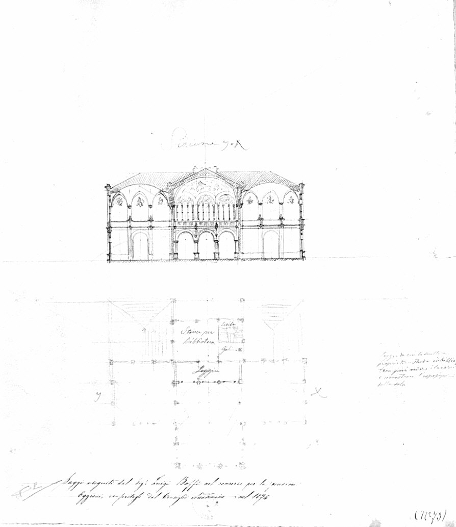 pianta e sezione, architettura: progetto per palazzo (disegno, opera isolata) di Boffi Luigi (sec. XIX)