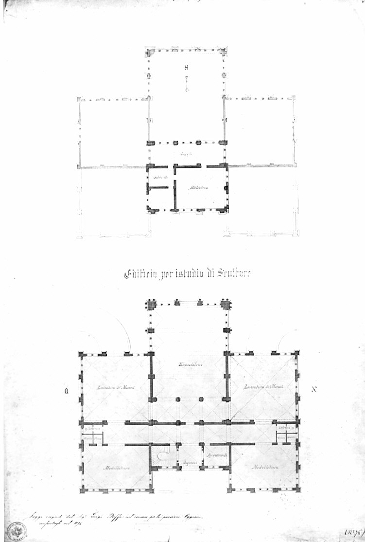 planimetrie di pian terreno e primo piano, architettura: progetto per palazzo (disegno, opera isolata) di Boffi Luigi (sec. XIX)