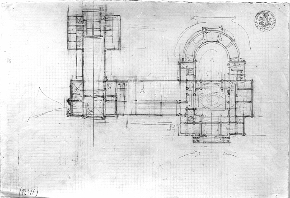 pianta, architettura: progetto per edificio (disegno preparatorio, opera isolata) di Consonni Paolo (sec. XX)