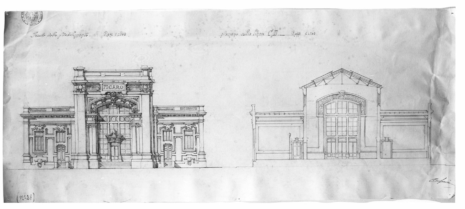 prospetto e sezione, architettura: progetto per stabilimento (disegno, opera isolata) di Consonni Paolo (sec. XX)