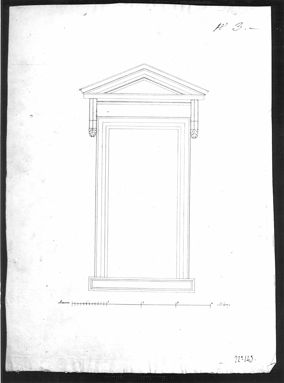 Finestra timpanata: alzato, architettura: progetto per edificio (disegno, opera isolata) di Bianconi Giacomo (sec. XIX)