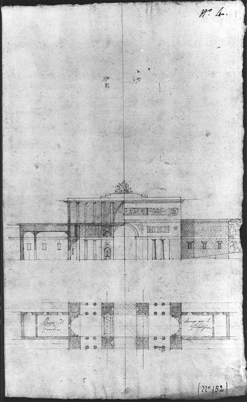 pianta e alzato, architettura: progetto per porta urbana (disegno, opera isolata) di Taccani Francesco (sec. XIX)