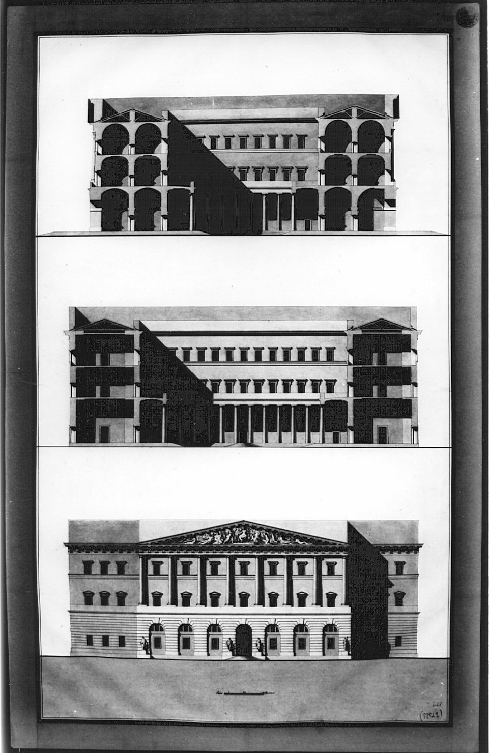 alzato e sezione, architettura: progetto per mercato coperto (disegno, opera isolata) - ambito italiano (sec. XIX)