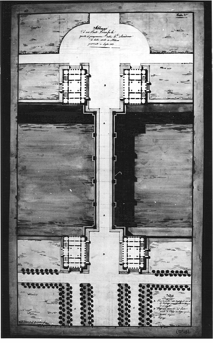 architettura: progetto per ponte trionfale (disegno, opera isolata) - ambito italiano (sec. XIX)