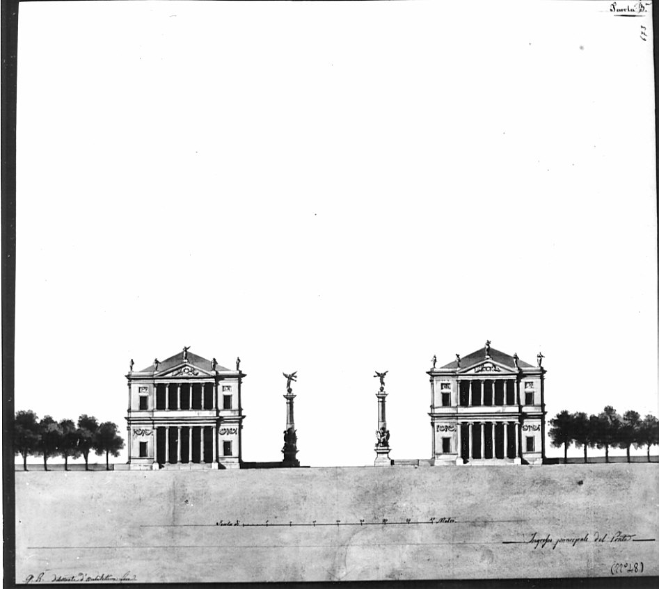 prospetto, architettura: progetto per ponte trionfale (disegno, opera isolata) - ambito italiano (sec. XIX)