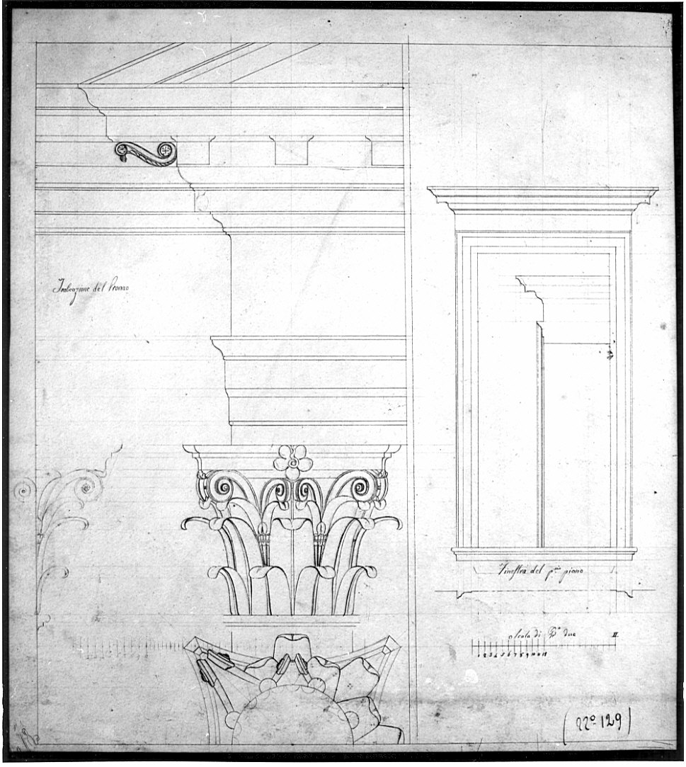 trabeazione corinzia e finestra: pianta e alzati, architettura (disegno, opera isolata) di Bovara Giuseppe (sec. XIX)