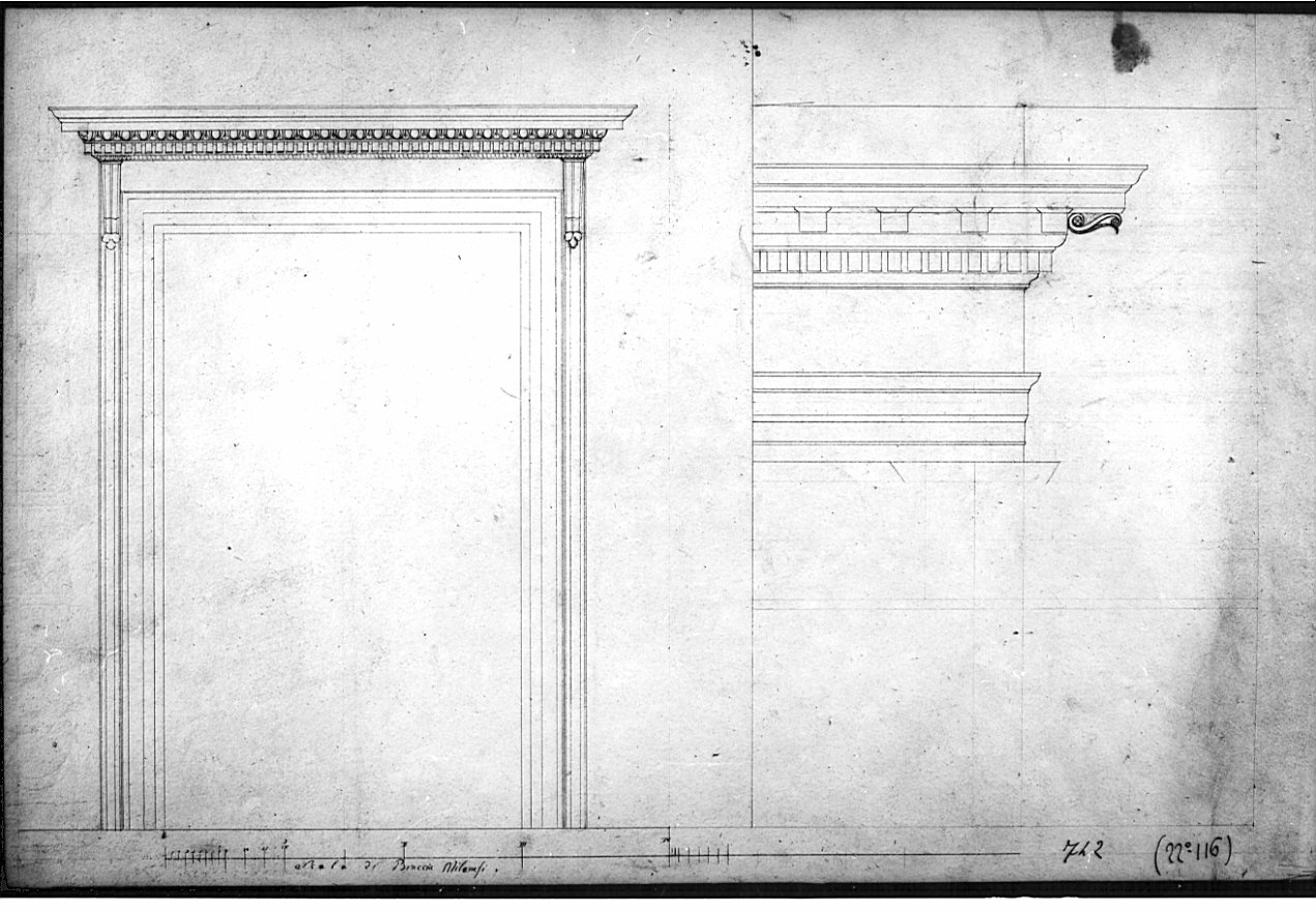 porta: alzato e profilo, architettura (disegno, opera isolata) di Bovara Giuseppe (sec. XIX)