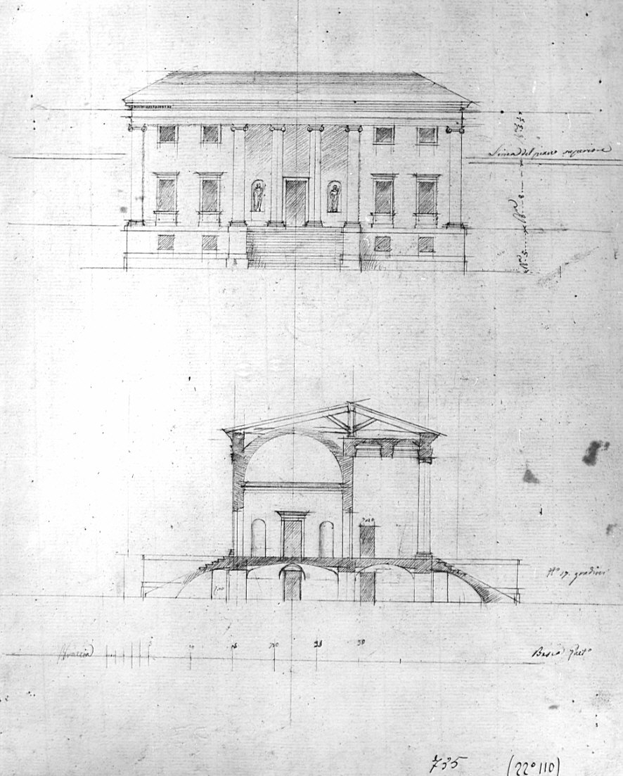 prospetto e sezione, architettura: progetto per edificio (disegno, opera isolata) di Besia Gaetano (sec. XIX)