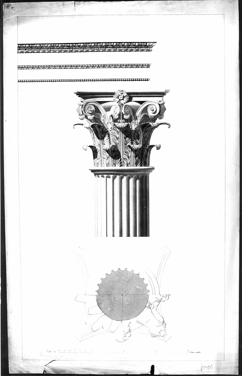 pianta e alzato, architettura: progetto per trabeazione corinzia (disegno, opera isolata) - ambito italiano (sec. XIX)