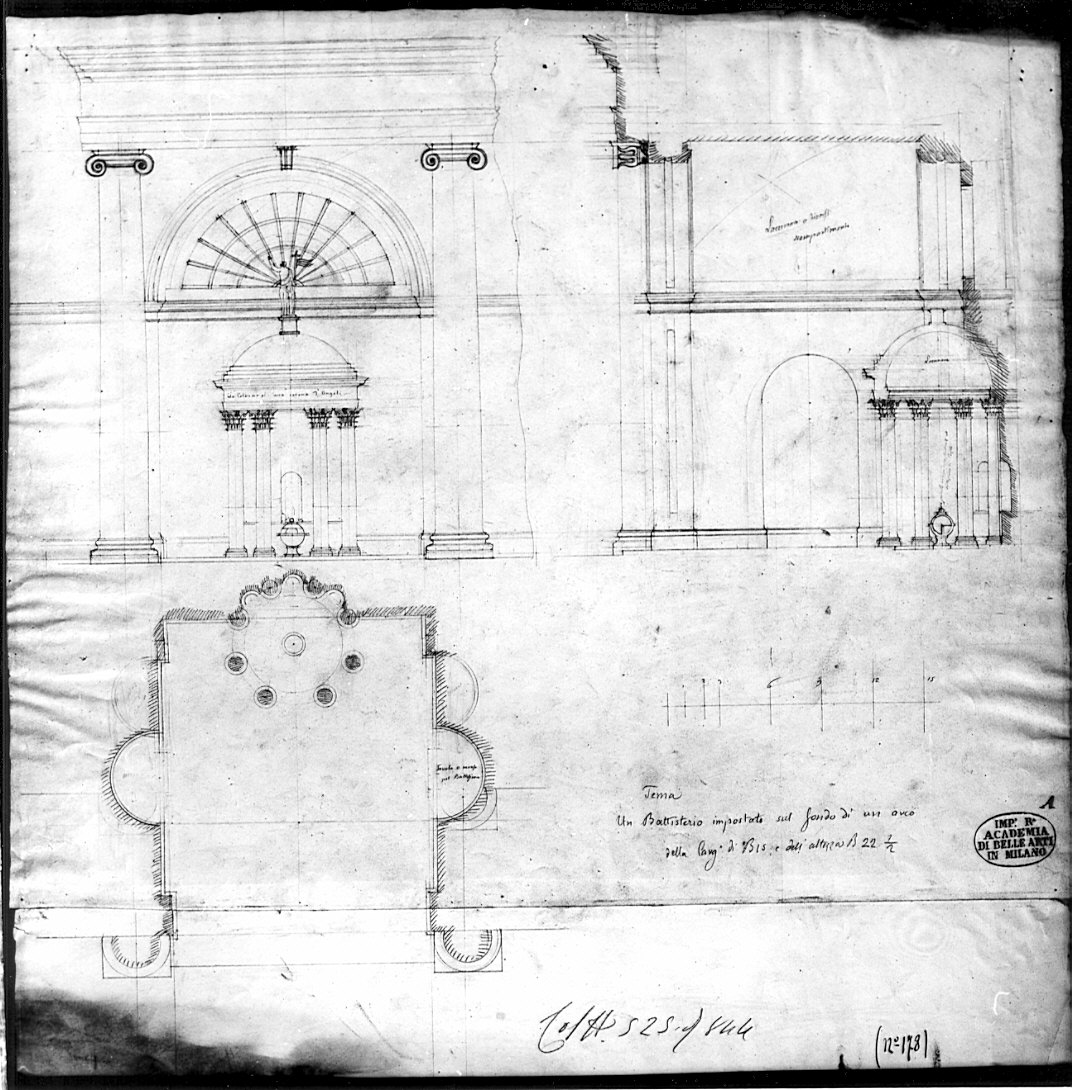 pianta, alzato e sezione, architettura: progetto per fonte battesimale (disegno, opera isolata) - ambito italiano (sec. XIX)