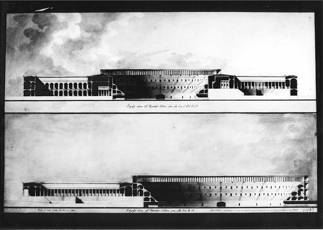 sezioni, architettura: progetto per Orfanotrofio militare (disegno, opera isolata) - ambito italiano (sec. XIX)