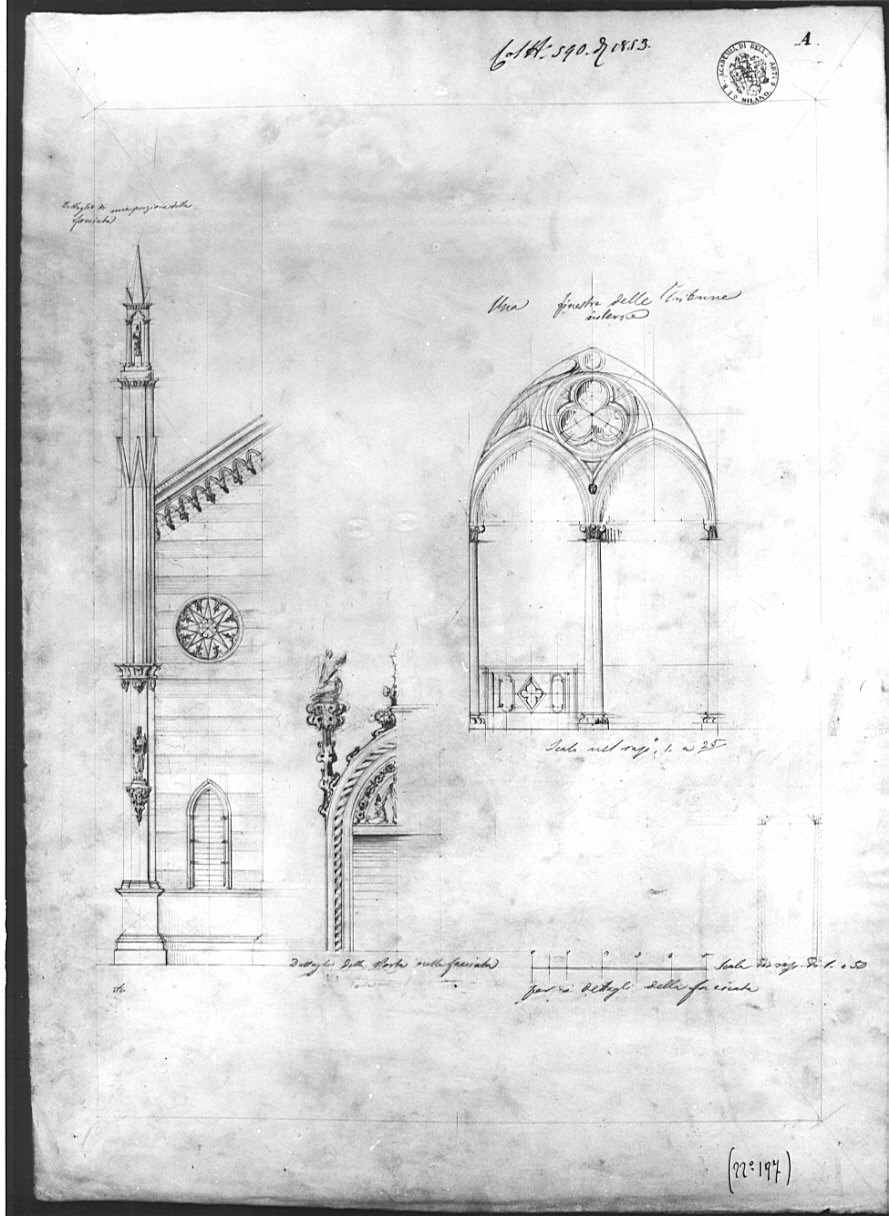 porzione di facciata, bifora, porta della facciata, architettura: dettagli architettonici (disegno, opera isolata) - ambito italiano (sec. XIX)
