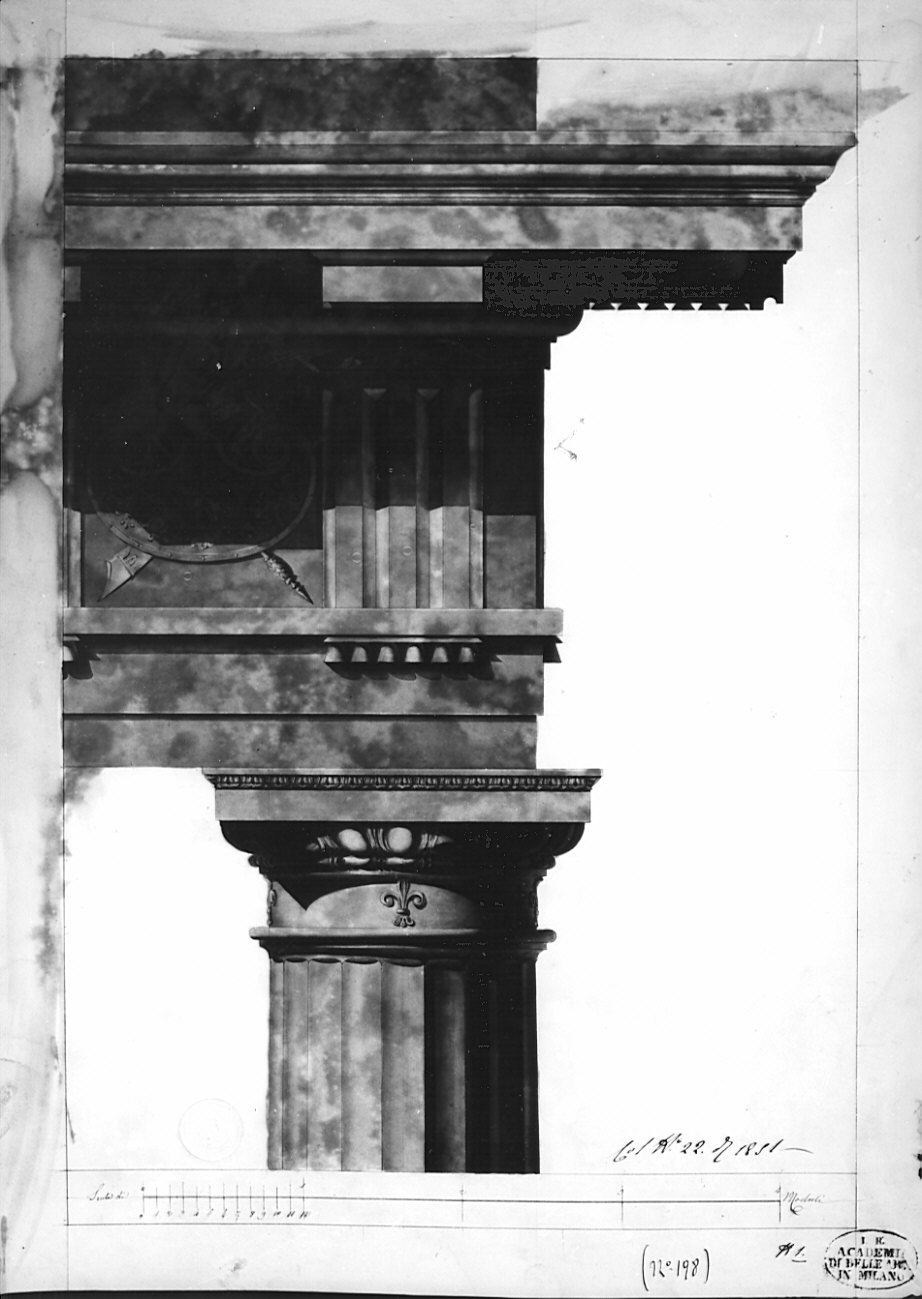 alzato, architettura: progetto per trabeazione tuscanica (disegno, opera isolata) - ambito italiano (sec. XIX)