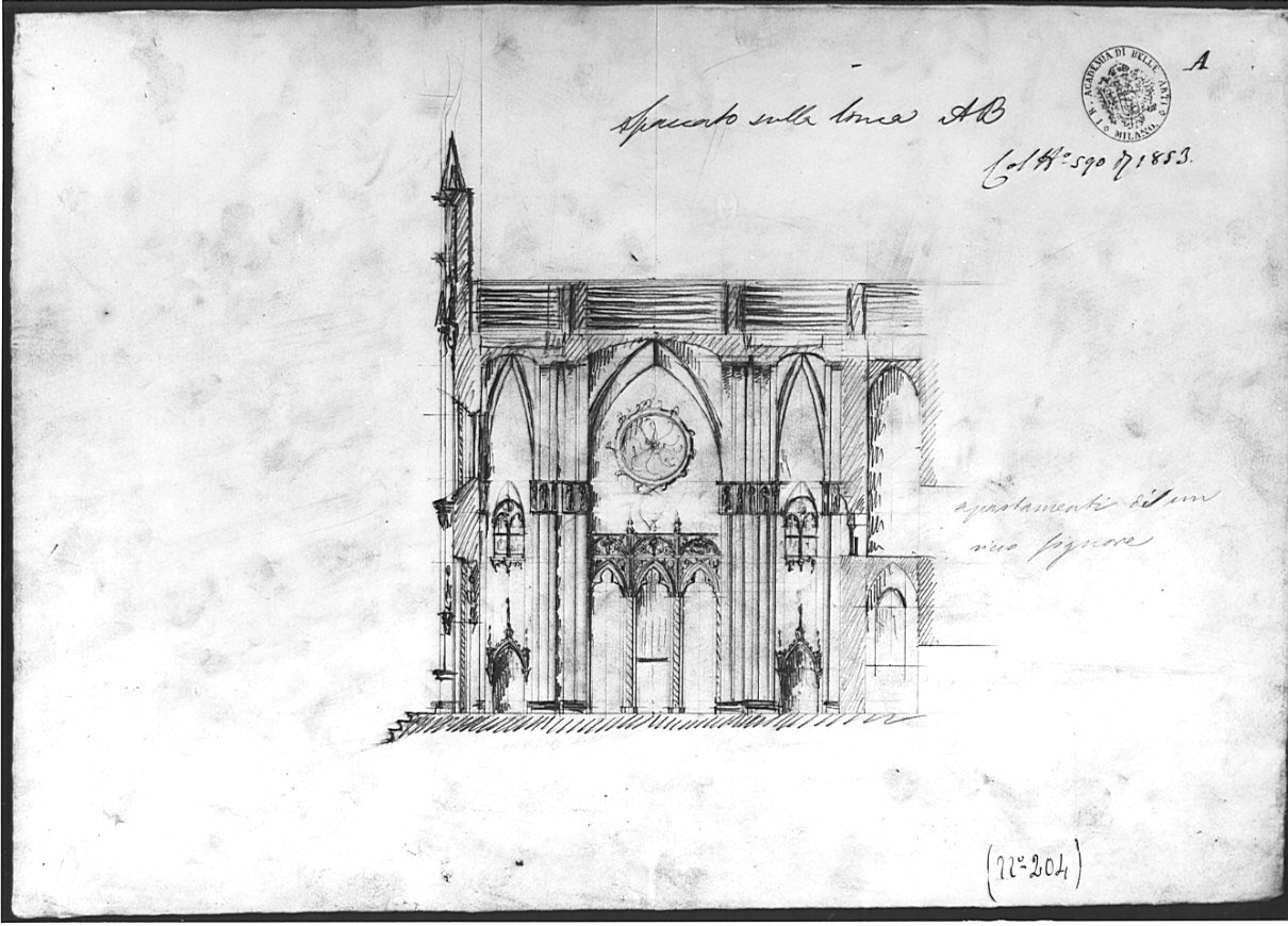 spaccato (?), architettura: progetto per edificio religioso (disegno, opera isolata) - ambito italiano (sec. XIX)