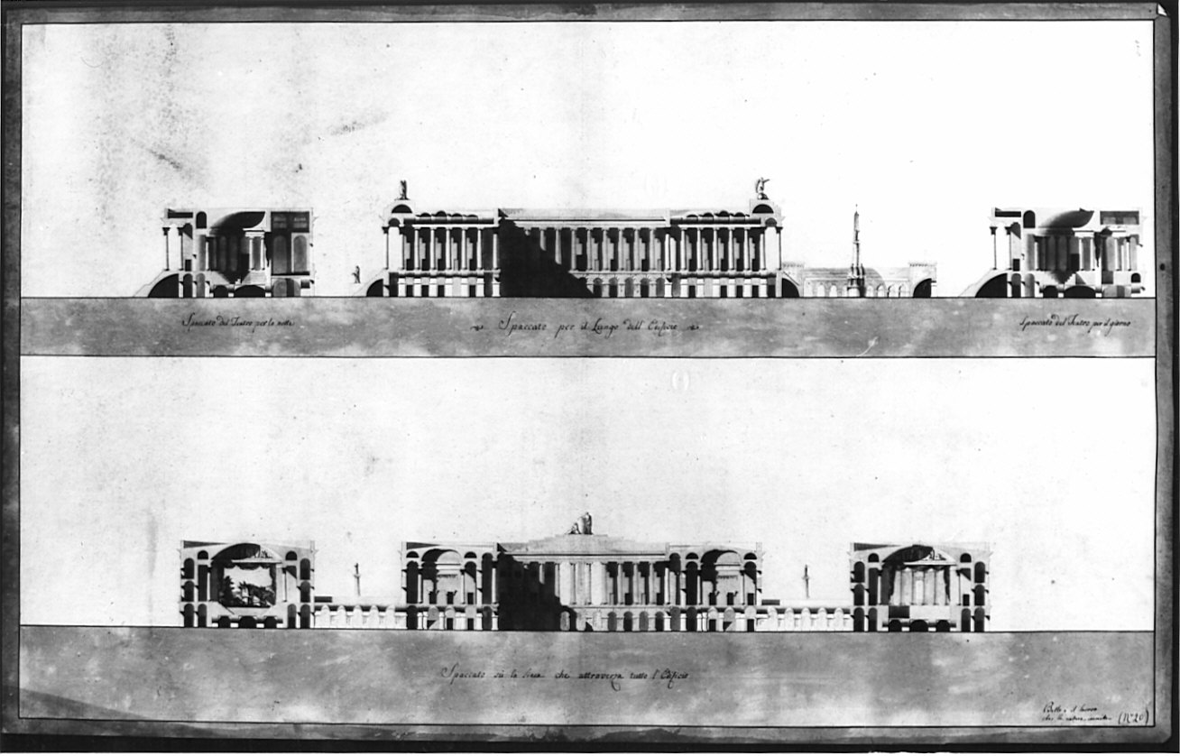 sezioni, architettura: progetto per palazzo reale (disegno, opera isolata) - ambito italiano (sec. XIX)