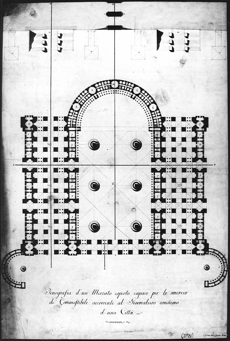 pianta, architettura: progetto per mercato coperto (disegno, opera isolata) - ambito italiano (sec. XIX)