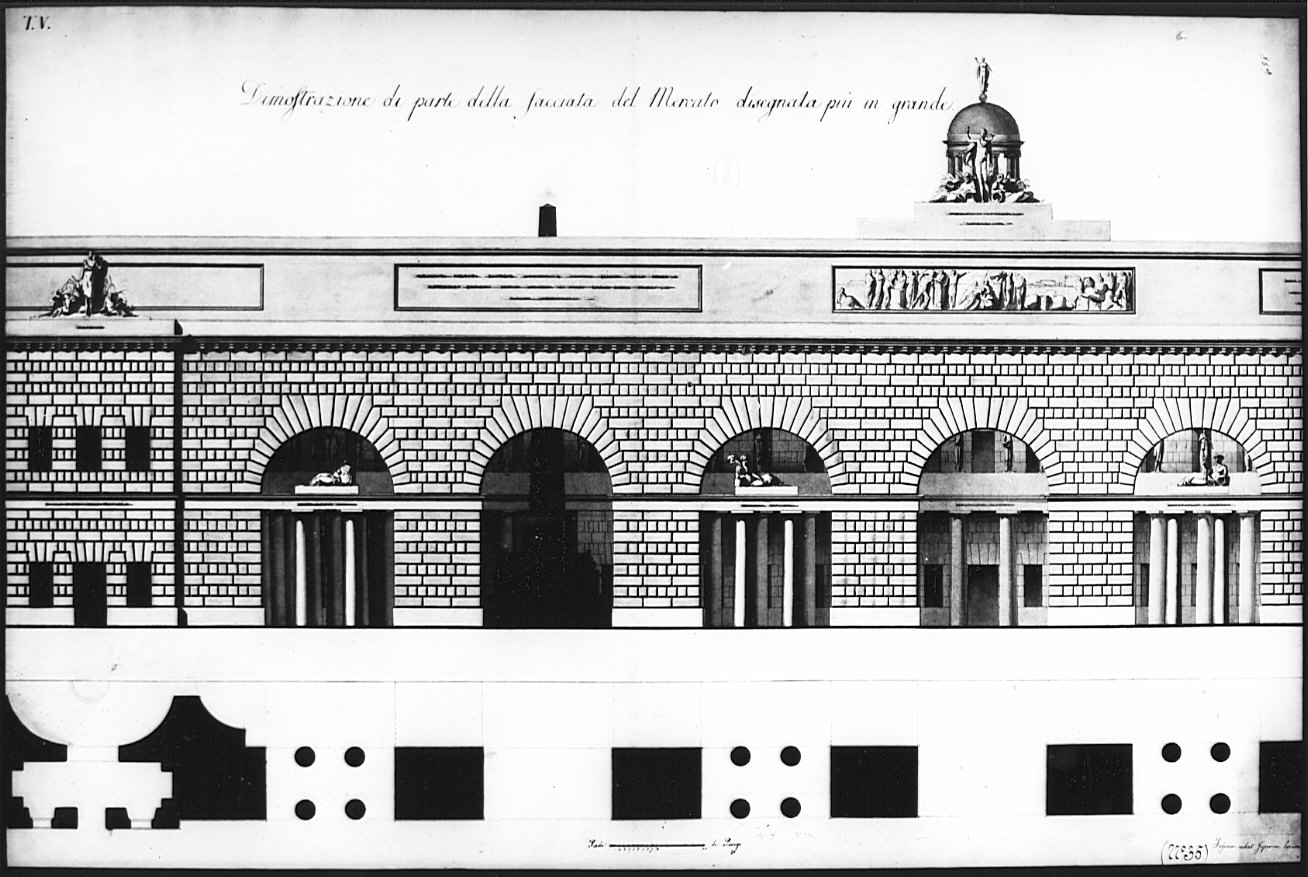 dettaglio della facciata, architettura: progetto per mercato coperto (disegno, opera isolata) - ambito italiano (sec. XIX)