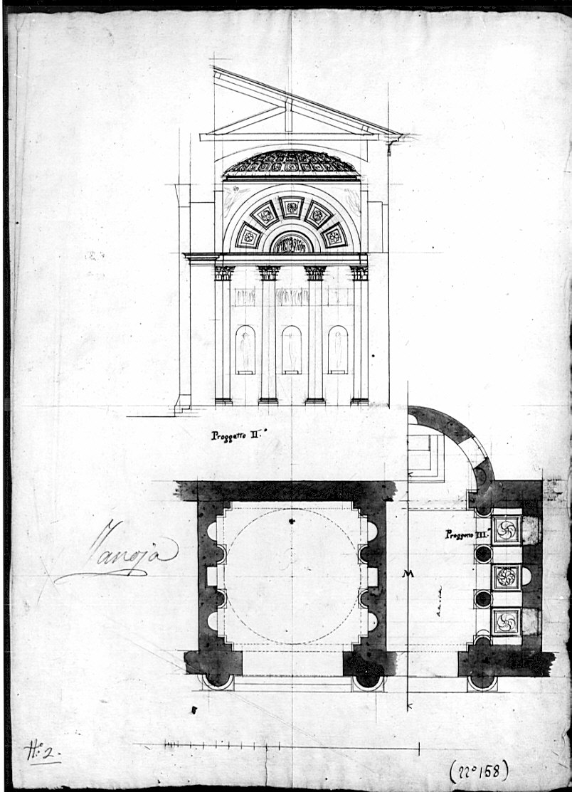 piante e sezioni, architettura: progetto per cappella (disegno, opera isolata) di Zanoja Giuseppe (sec. XIX)