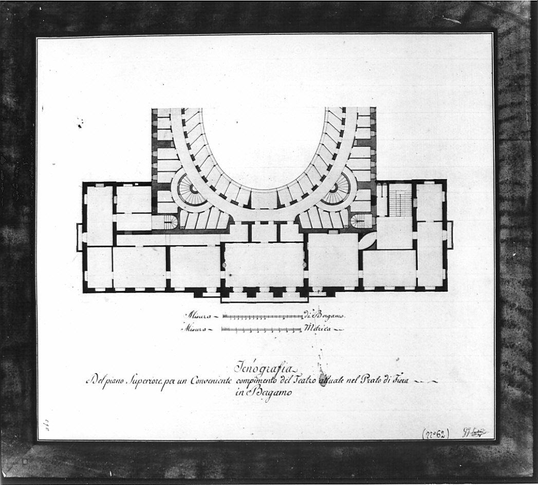 pianta piano superiore, architettura: progetto per teatro Riccardi di Bergamo (disegno, opera isolata) di Lucchini Gian Francesco (sec. XIX)