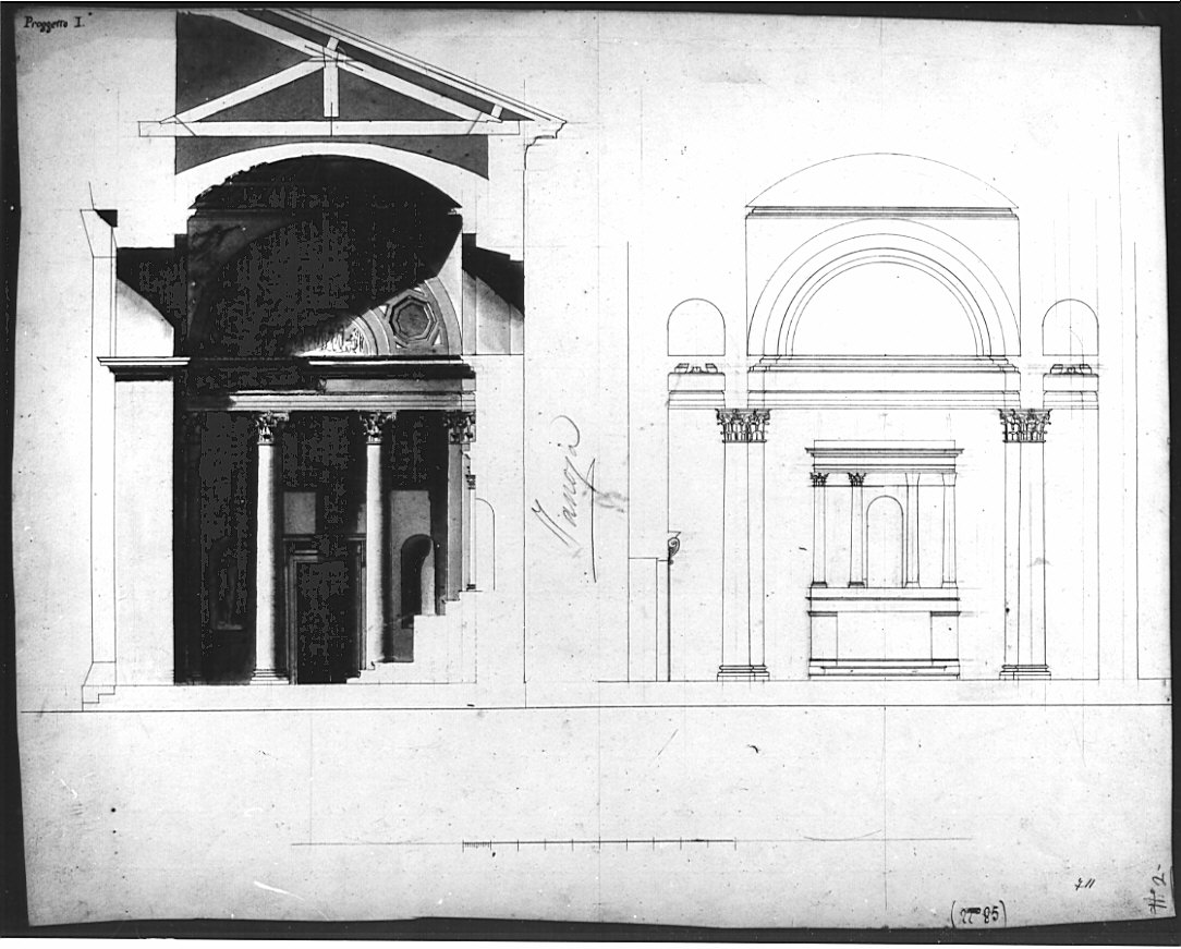 sezioni, architettura: progetto per cappella religiosa (disegno, opera isolata) di Zanoja Giuseppe (sec. XIX)