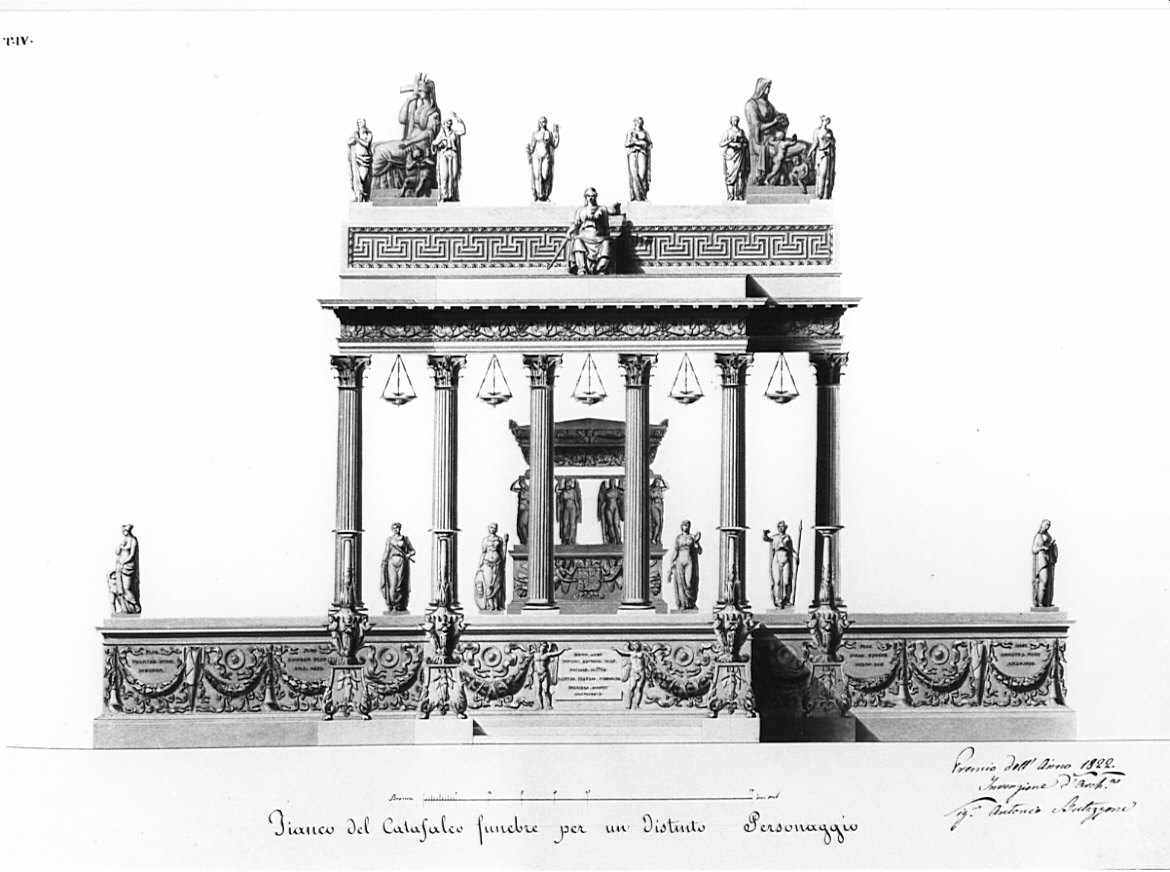 fianco, architettura: progetto per catafalco funebre (disegno, opera isolata) di Buttazzoni Antonio (sec. XIX)