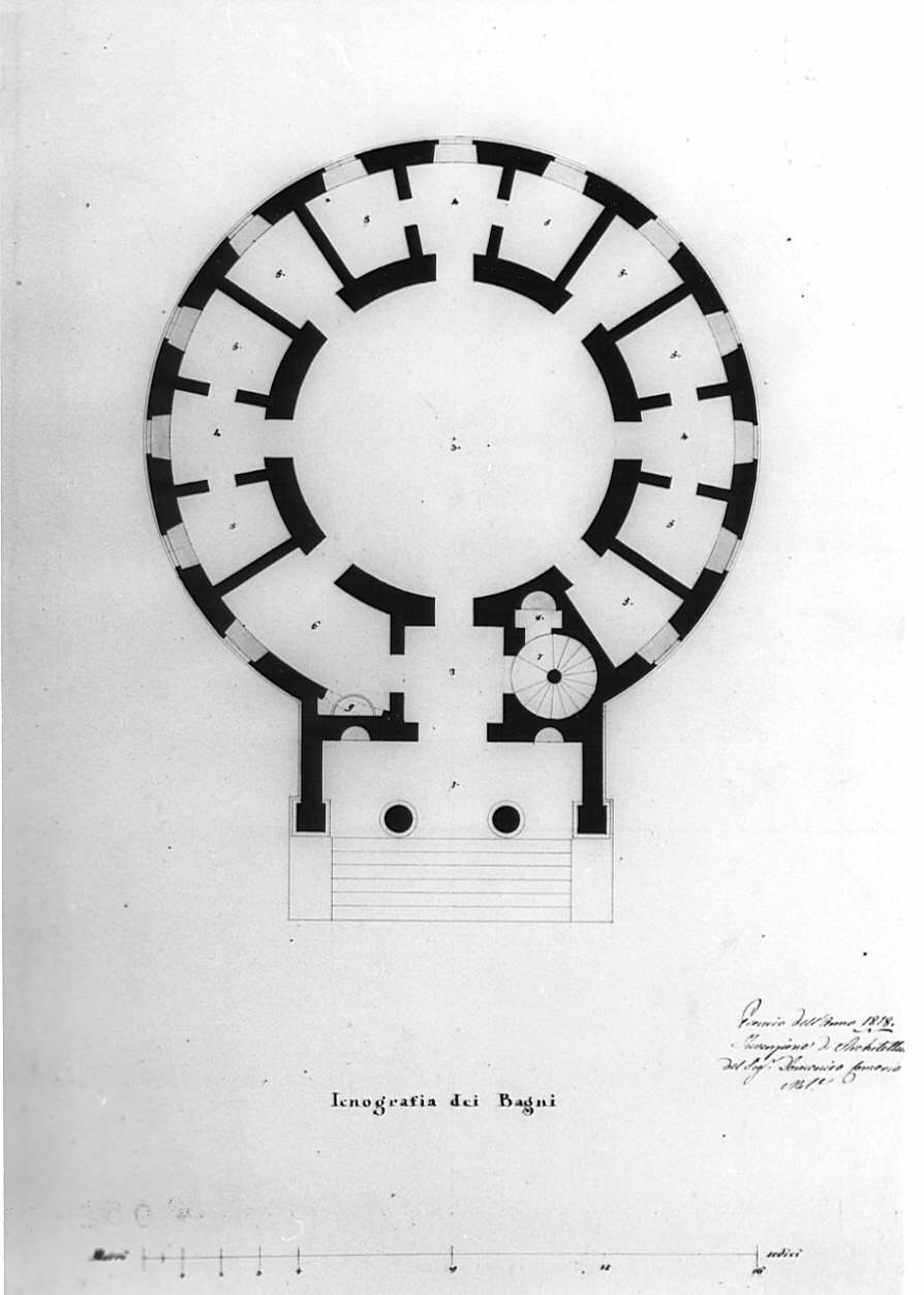 planimetria, architettura: progetto per bagno pubblico (disegno, opera isolata) di Comerio Domenico (sec. XIX)