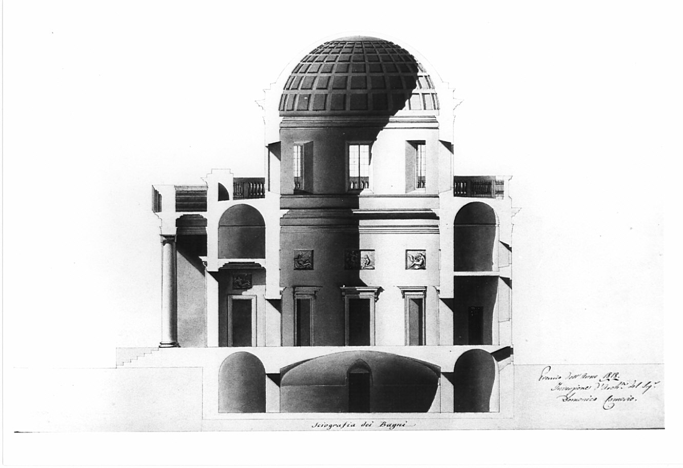 sezione, architettura: progetto per bagno pubblico (disegno, opera isolata) di Comerio Domenico (sec. XIX)