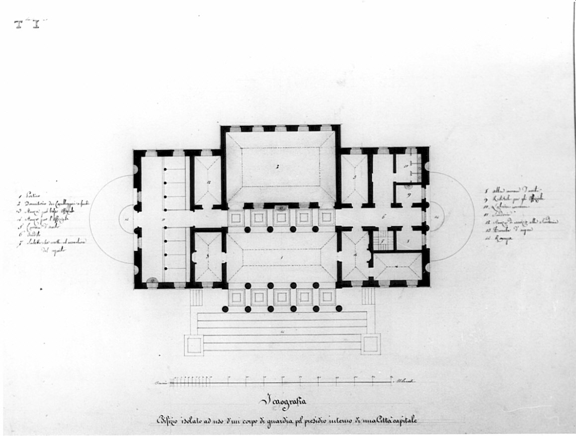 planimetria, architettura: progetto per caserma (disegno, opera isolata) di Crivelli Ferdinando (sec. XIX)