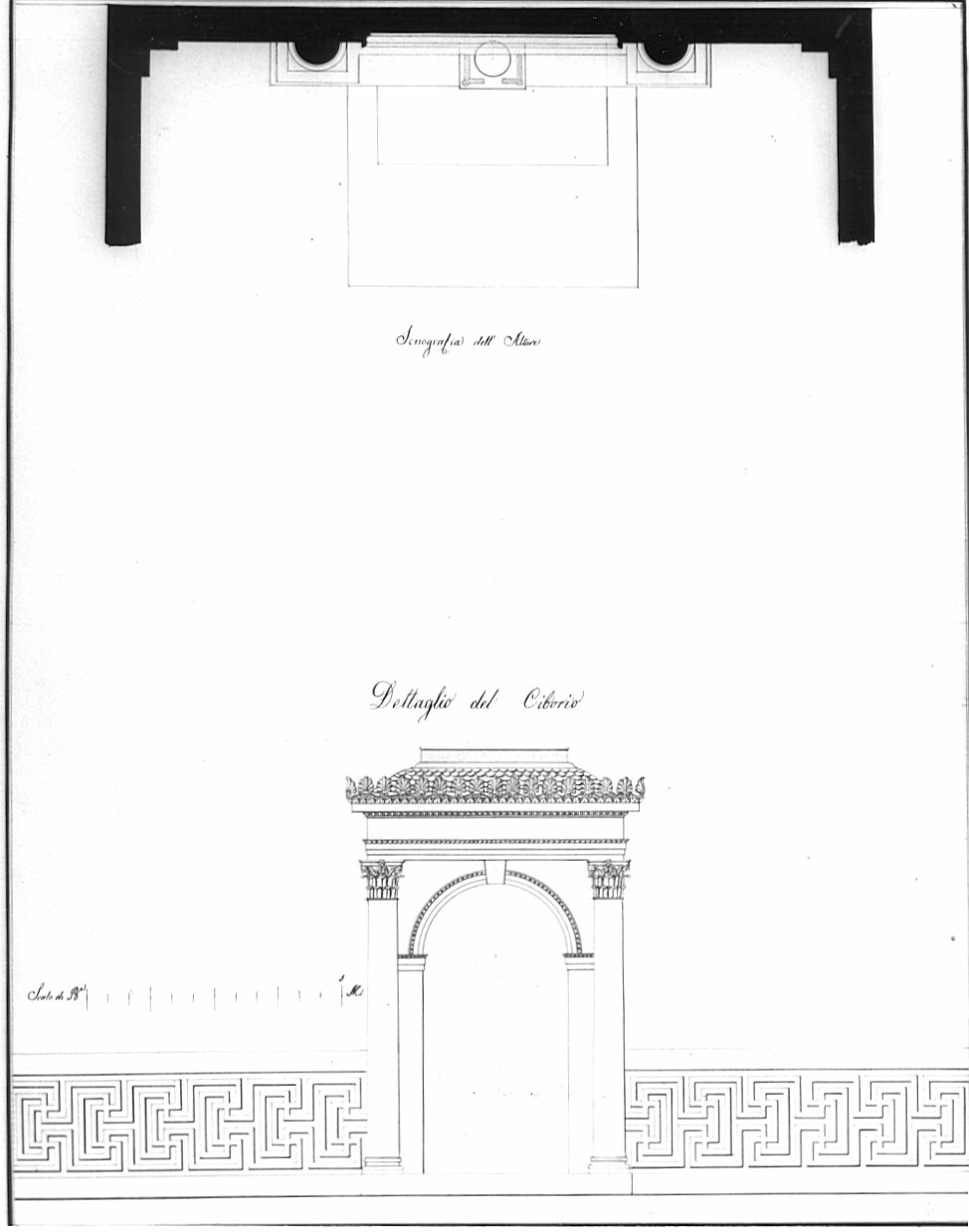 planimetria e particolare ciborio, architettura: progetto per altare (disegno, opera isolata) di Pizzala Andrea (sec. XIX)