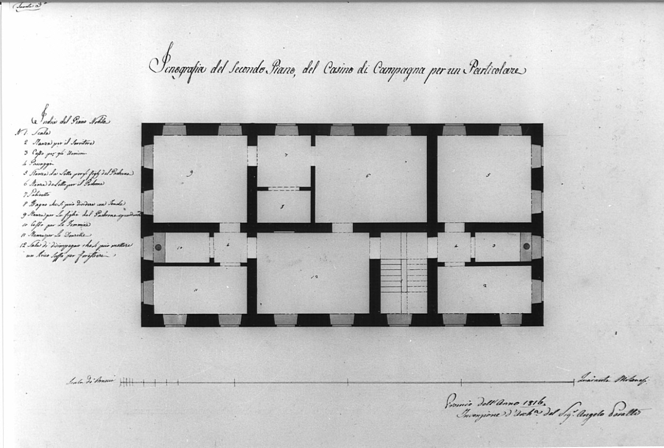 planimetria del secondo piano, architettura: progetto per casino di campagna (disegno, opera isolata) di Poratti Angelo (sec. XIX)