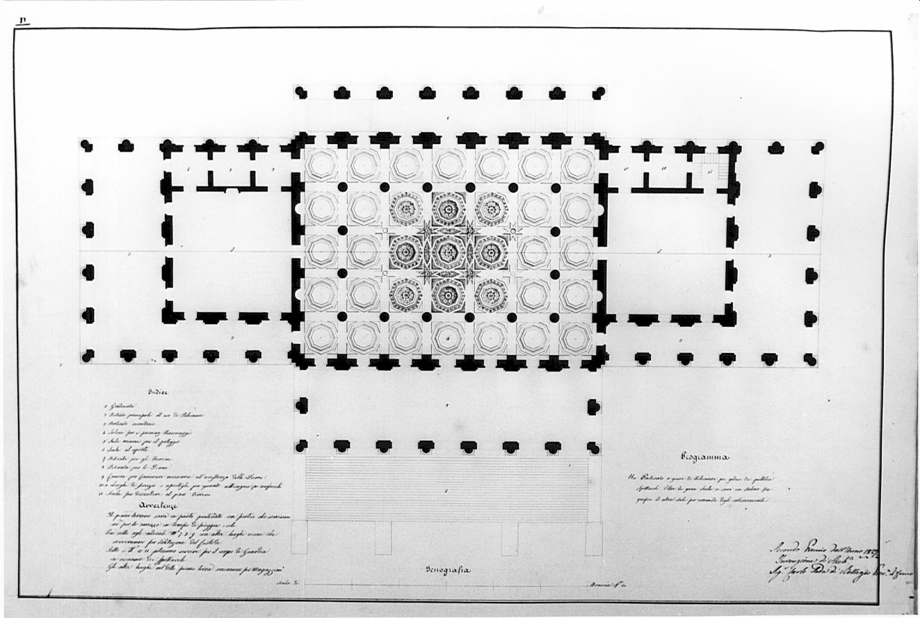 planimetria con particolare dei lacunari, architettura: porticato per spettacoli pubblici (disegno, opera isolata) di Sada Carlo (sec. XIX)