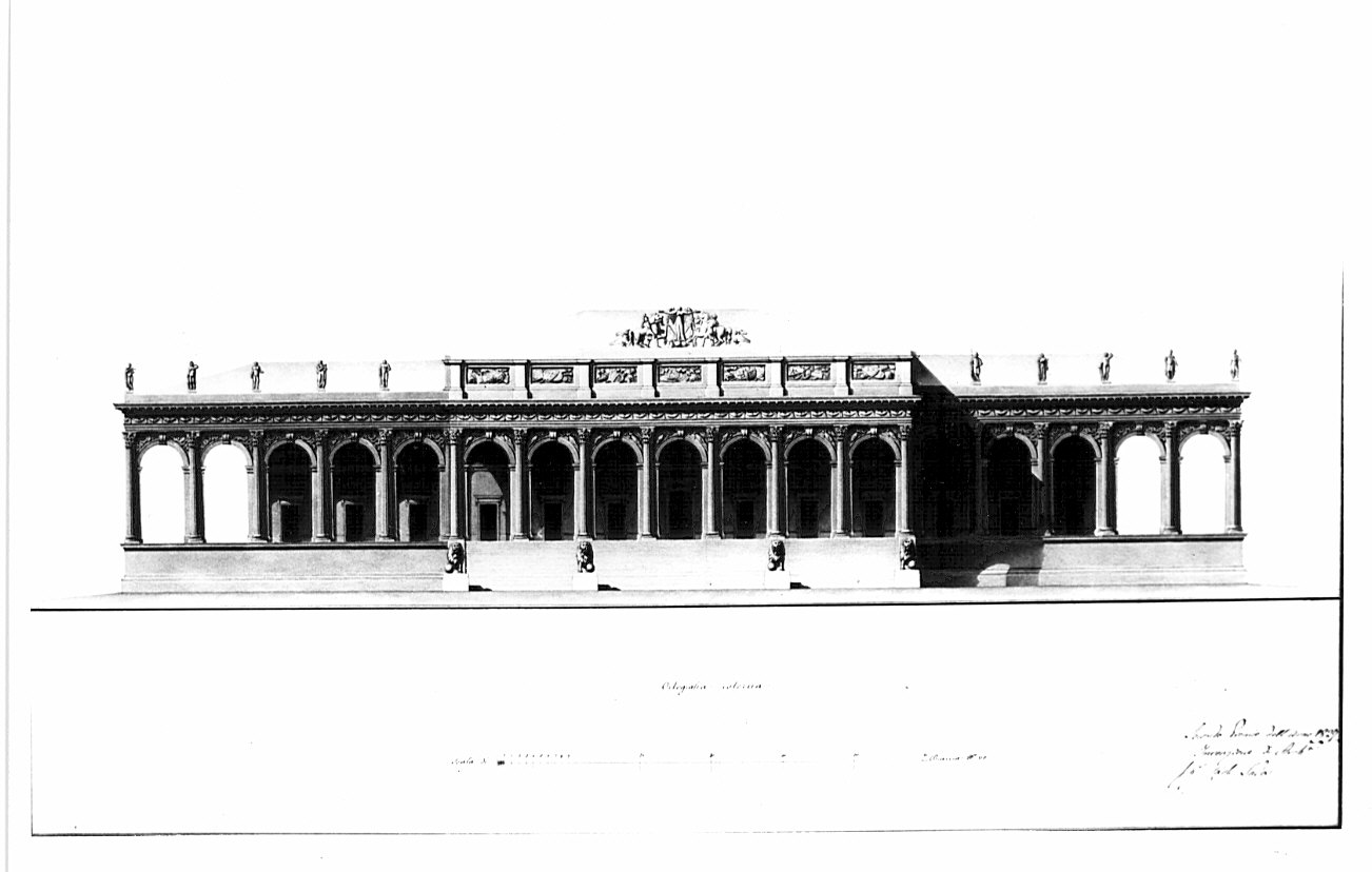 prospetto, architettura: porticato per spettacoli pubblici (disegno, opera isolata) di Sada Carlo (sec. XIX)