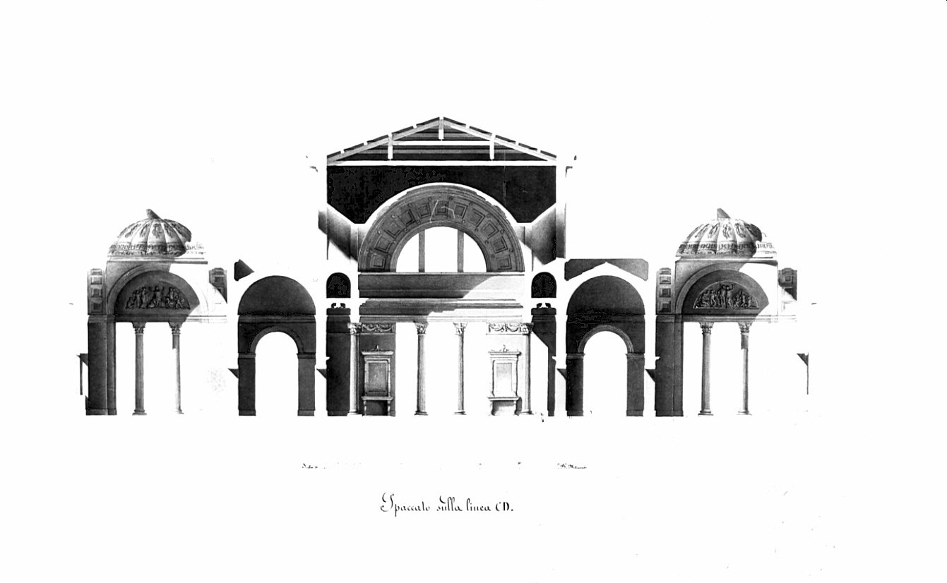 sezione, architettura: porticato per caffè pubblico (disegno, opera isolata) di Tarchioni Ermogene (sec. XIX)