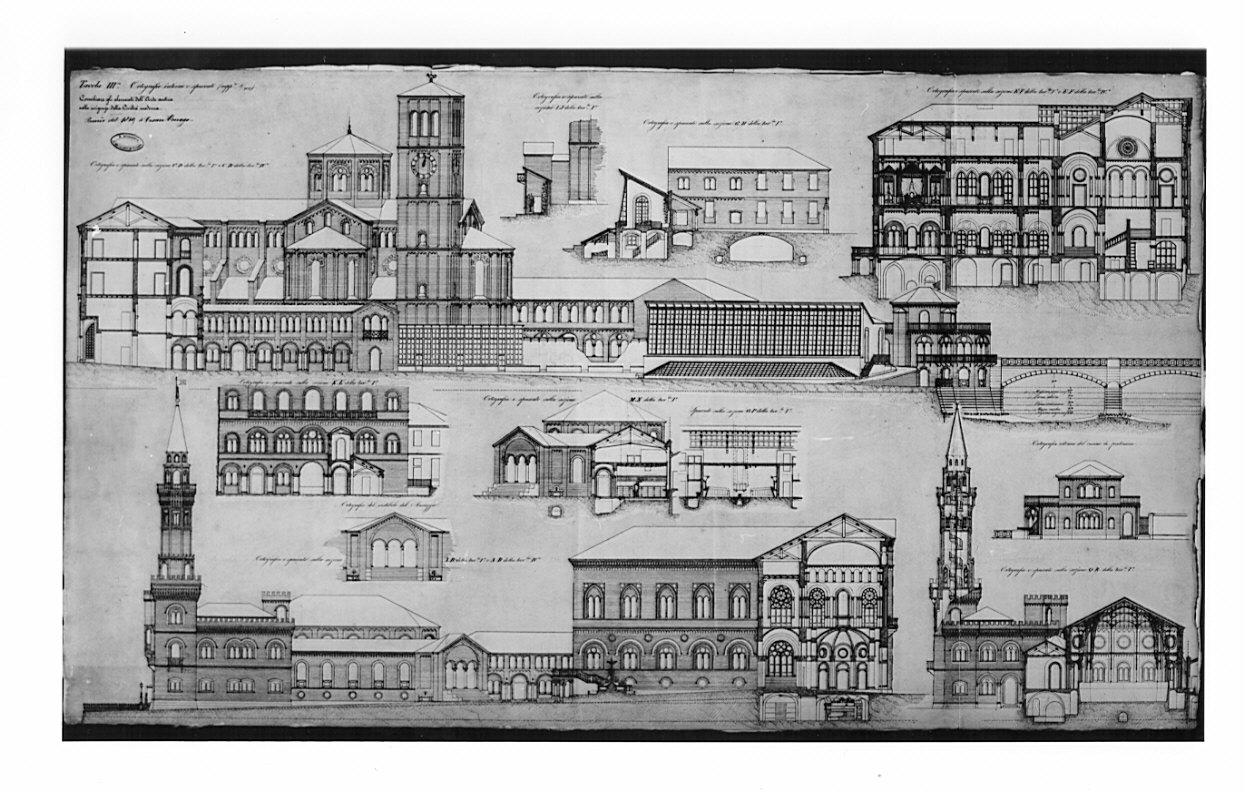 prospetti e sezioni, architettura: progetto per palazzo (disegno, opera isolata) di Osnago Cesare (sec. XIX)
