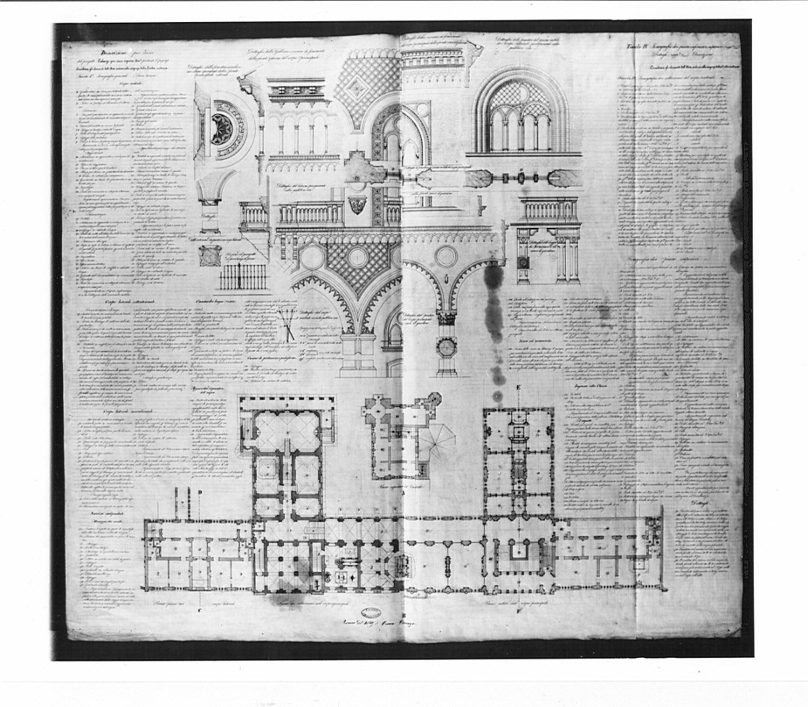 pianta e particolari, architettura: progetto per palazzo (disegno, opera isolata) di Osnago Cesare (sec. XIX)