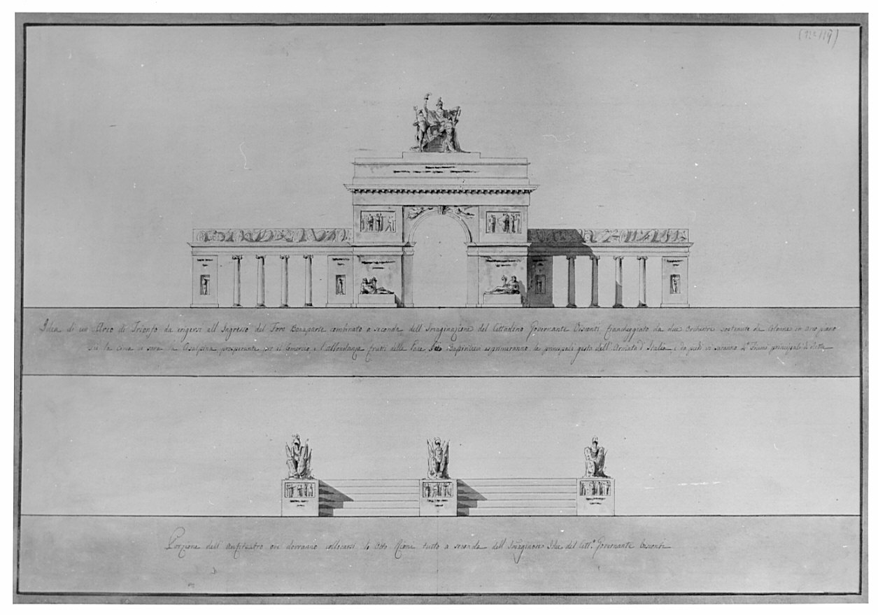 prospetti, architettura: progetto per arco trionfale e anfiteatro (disegno, opera isolata) di Bargigli Paolo (inizio sec. XIX)