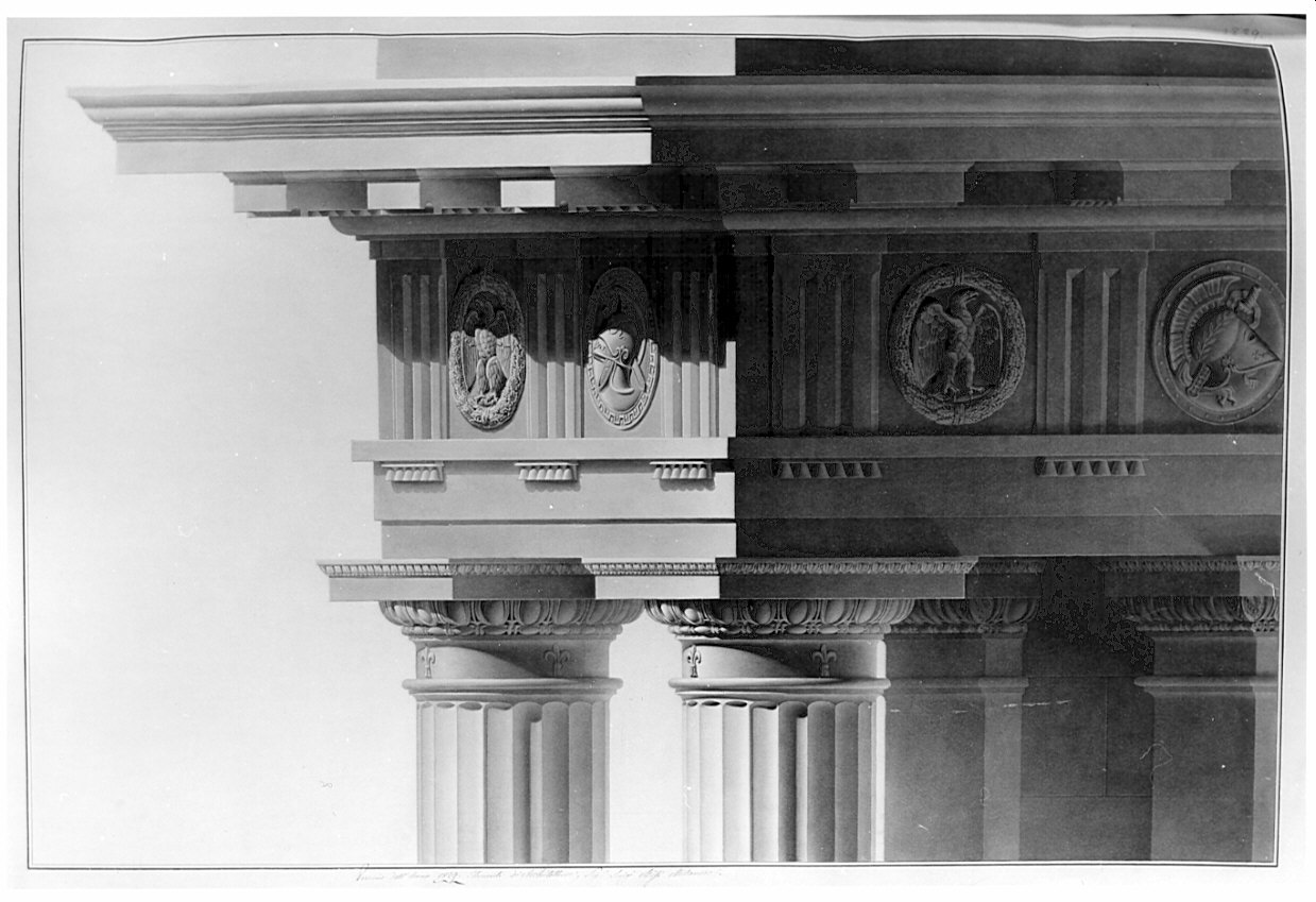 prospetto fuori angolo, architettura: rilievo di trabeazione dorica (disegno, opera isolata) di Bisi Luigi (sec. XIX)