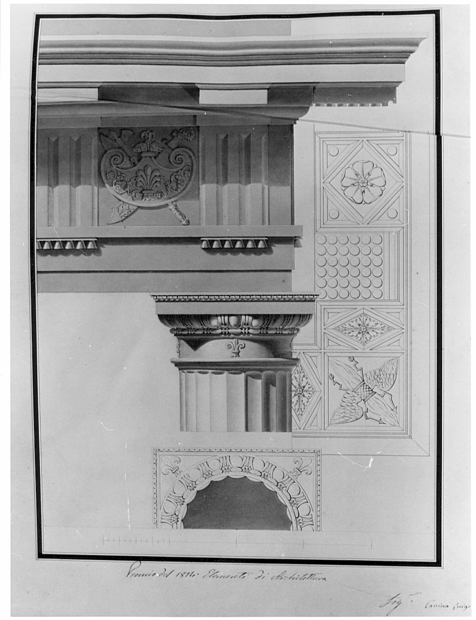 alzato e piante, architettura: rilievo di trabeazione corinzia (disegno, opera isolata) di Cassina Luigi (sec. XIX)