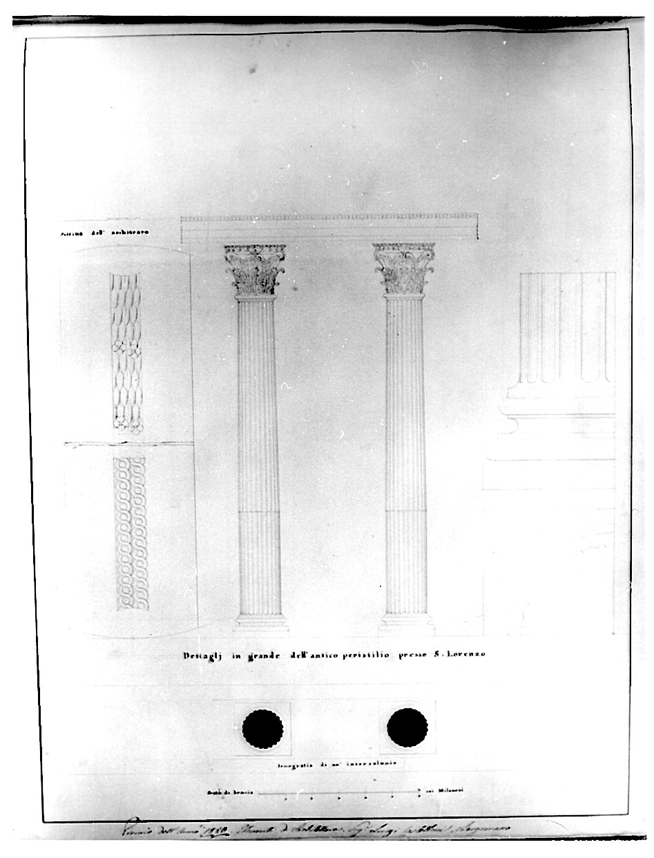 pianta, alzato particolare e sezione, architettura: rilievo delle colonne di S. Lorenzo (disegno, opera isolata) di Castellini Luigi (sec. XIX)